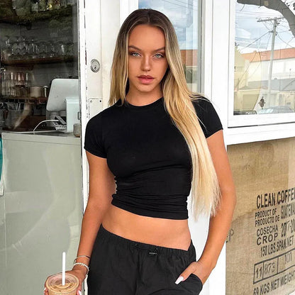 2024 Spring New Short Sleeve T-Shirt Women Solid Simple Casual Soft All-Match Hot Basic Crop Tops Tees Summer Fashion