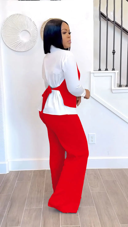 HLJ Elegant Lady Patchwork Shirts Two Piece Sets Women Lapel Long Sleeve Button Top And Pants Outfits Autumn OL 2pcs Clothing