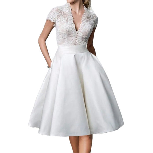 Spring Summer White Dresses For Women Fashion Lace Patchwork V Neck Party A Line Dress Elegant Formal Evening Dresses