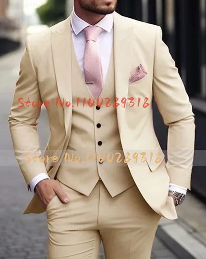 Pink Luxury Men's Suits Terno Formal Outfits 3 Piece Jacket Pants With Vest Slim Fit Luxury Costume Homme Formal Occasion Terno