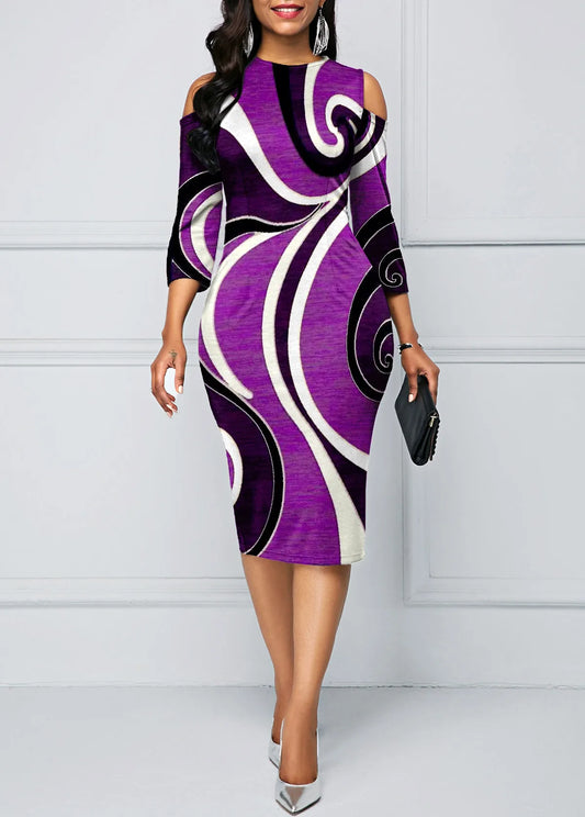 Women's Plus Size Colorblock Print Dress with Cold Shoulder and 3/4 Sleeves - Casual and Comfortable