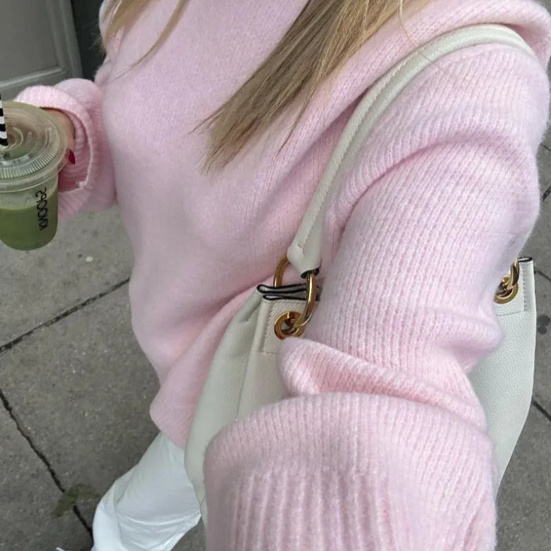 Pink Sweet Autumn Winter Women Warm Knitted Jumper New Round Neck Pullover Tops Loose Casual Long-sleeved Bottomed Sweater Women