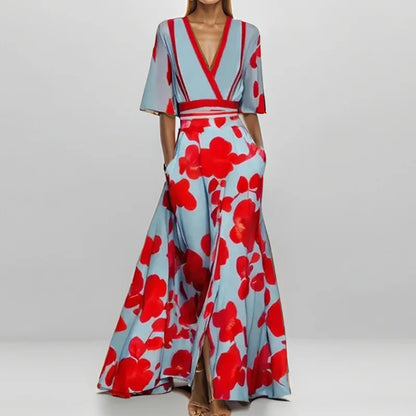Spring Summer Women Fashion V Neck Belted Party Long Dress Sexy Printing  Boho Maxi Dresses Short Sleeve Pocket Femlae Holiday