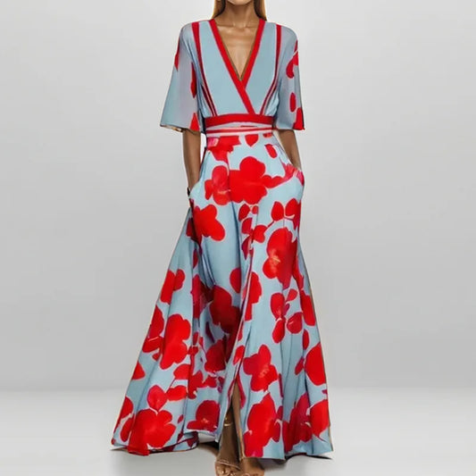 Spring Summer Women Fashion V Neck Belted Party Long Dress Sexy Printing  Boho Maxi Dresses Short Sleeve Pocket Femlae Holiday