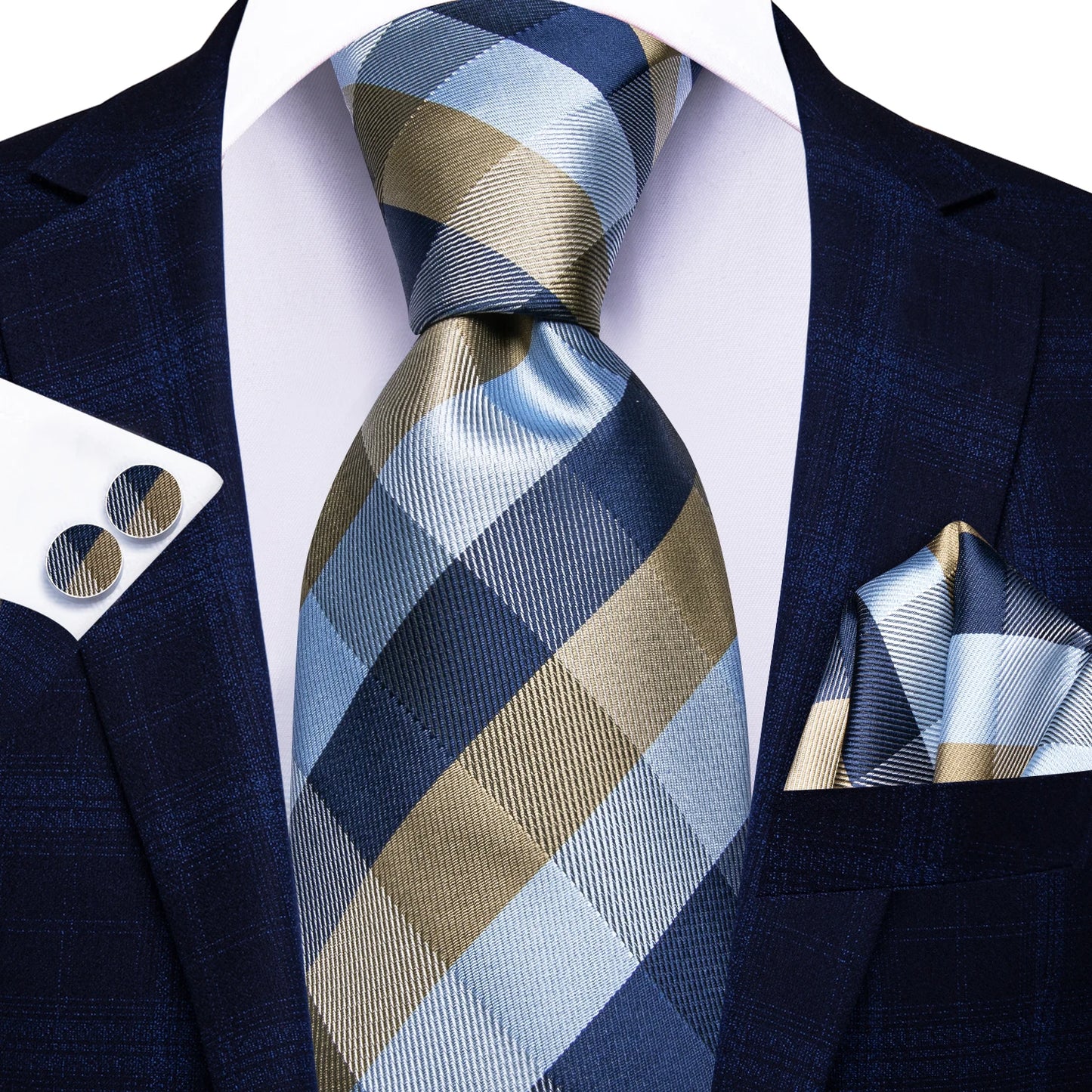 Hi-Tie Designer Silk Wedding Tie For Men Blue White Plaid Handky Cufflink Set Fashion Necktie For Men Business Party Wholesale