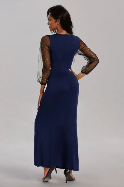 Mesh Patchwork Dress Womens Fashion Round Neck Long Sleeve Slim Elegant Dress Women