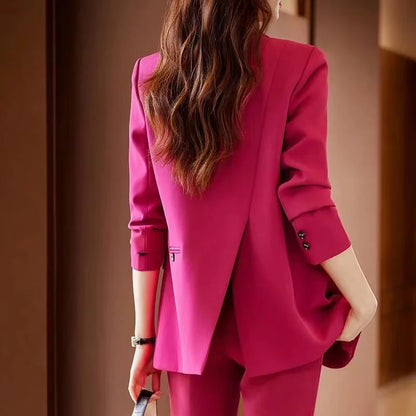 Two-Piece Suit Set in Raspberry Casual Sle for Women Long Sve Profional Pantsuit Polyester Fiber 00%