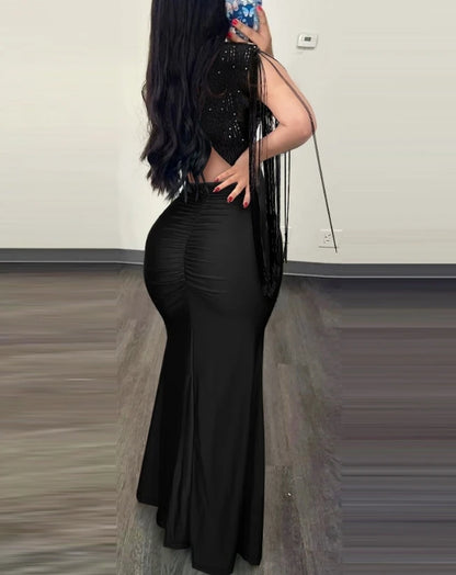 Womens Dresses 2024 Summer Fashion Contrast Sequin Ruched Slit Tassel Design Sexy Plunge Short Sleeve Skinny Maxi Evening Dress