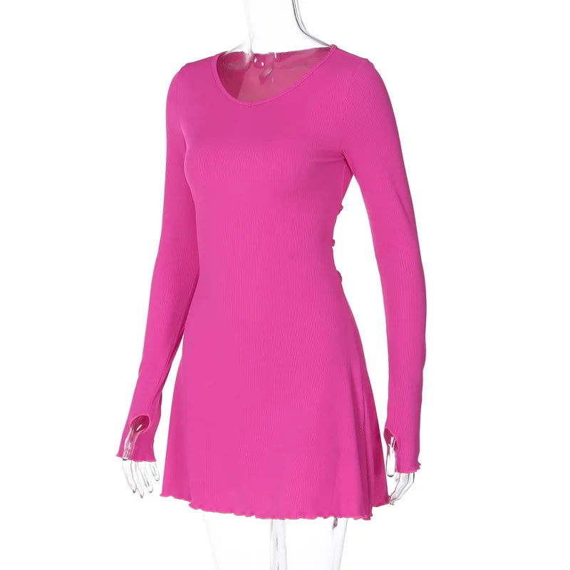 Spring Elegant Pretty Women Dresses New Black Sexy Short Dress Female V Neck Long Sleeve Slim Solid Color Mini Dress