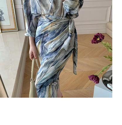 Spring Autumn New Fashion Dress Sets Women Turn-down Collar Long Sleeve Button Printing Shirt Lacing Mid-length A-line Skirt
