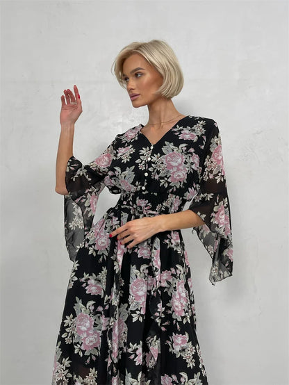 Elegant Bodycon Chiffon Maxi Dress Women Bandage Sexy Side Slit Beach Dress White Pink Floral Summer Long Dresses For Women 2024