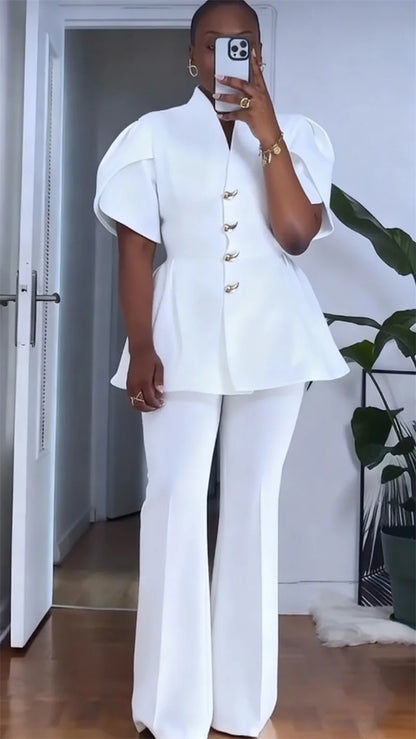 Vintage Elegant Two Piece Set Woman Matching Sets Office Lady Single-breasted Puff Sleeve Blazer Coat and Wide Leg Pant Suits