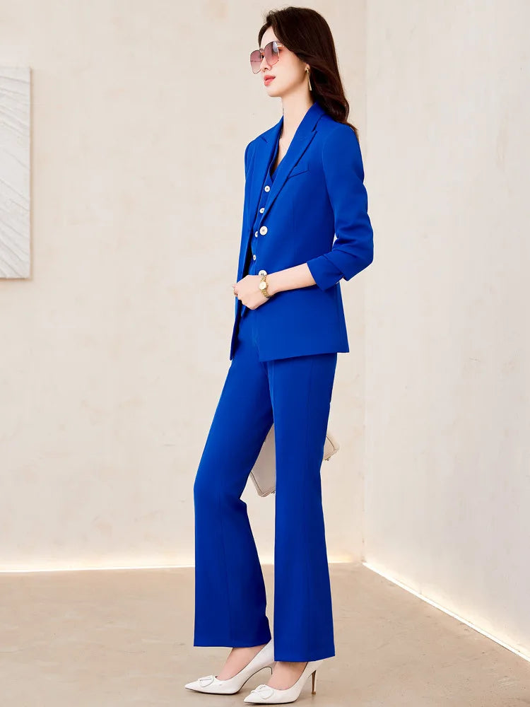 Temperament Women's Office Suit Jacket Pants Vest 3 Piece Blue Notch Lapel Jacket Autumn Women's Pants Sets ropa de mujer