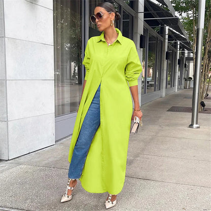 Spring Summer Long Sleeve Shirt Dress Women Turn-down Collar Button Up Straight Maxi Dress Loose Casual Long Dresses Vestidos