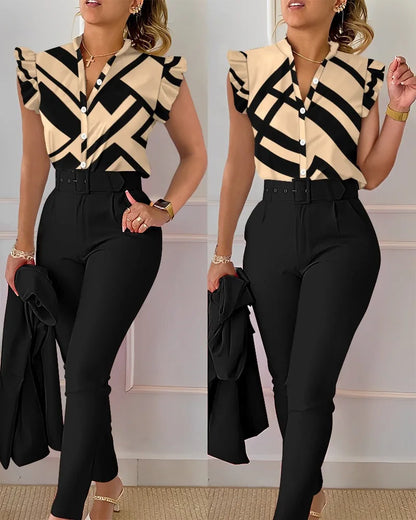 Elegant Women Printed Two Piece Suit Sets Spring Autumn V Neck Short Sleeve Shirt Top & Long Pants Set With Belt Workwear Outfit
