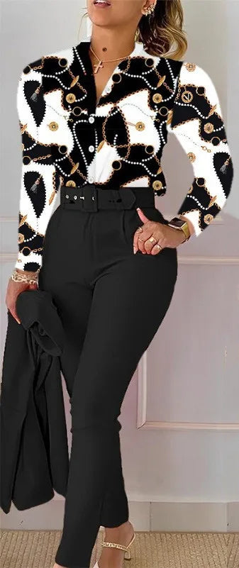 Women's Elegant Autumn/Winter Printed V-Neck Long Sleeve Button Shirt Top Fashion Solid Color Long Pants 2 Piece Set With Belt