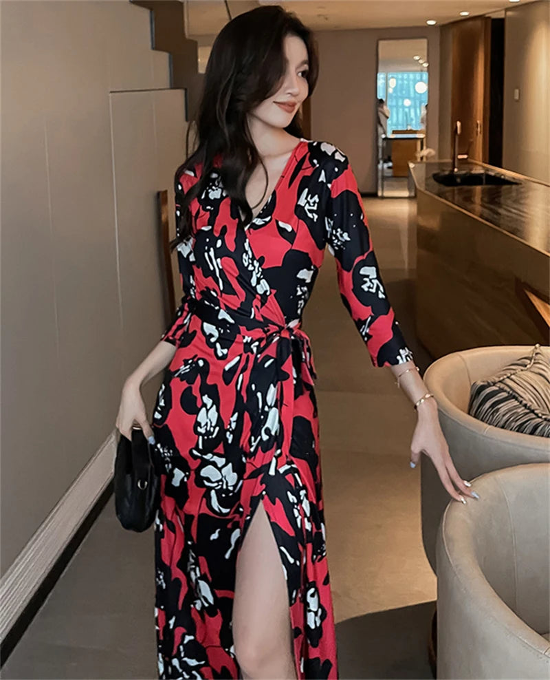 FANIECES Summer Wrap Dresses Women Sexy V Neck Split Maxi Dress Print Female Casual Beachwear Lace Up Party Vestidos Robe платье