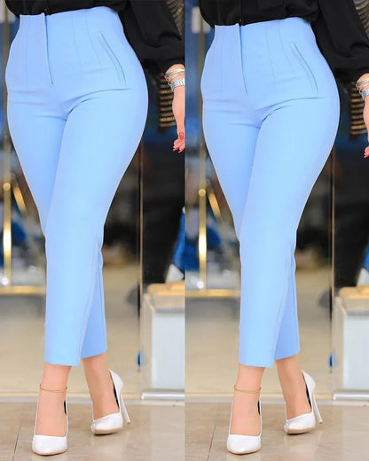 Women Pants High Waist Solid Pockets Pencil Pants Ankle Length Slim Fit Office Lady Zipper Flat Summer 2024 Slight Strech
