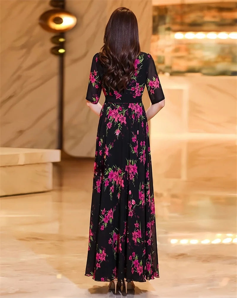 Womens Dresses Fashion Summer Dresses 2024 Summer Senior red Print Dress Long Loose Temperament Waist Loose Big Swing Dress