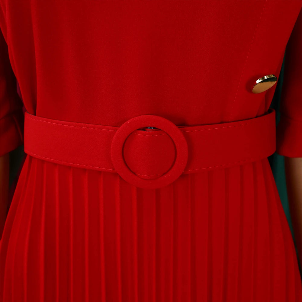 Elegant Office Pleated Dresses for Woman 2024 O Neck Buttons Belt Waisted Mid Calf Fashion Female Business Work Wear Dress Midi