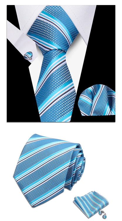 Classic Elegant Ties For Men Fashion Gifts Striped Solid Necktie Handchief Cufflink 3 Pcs Set Wedding Business Suit Accessories
