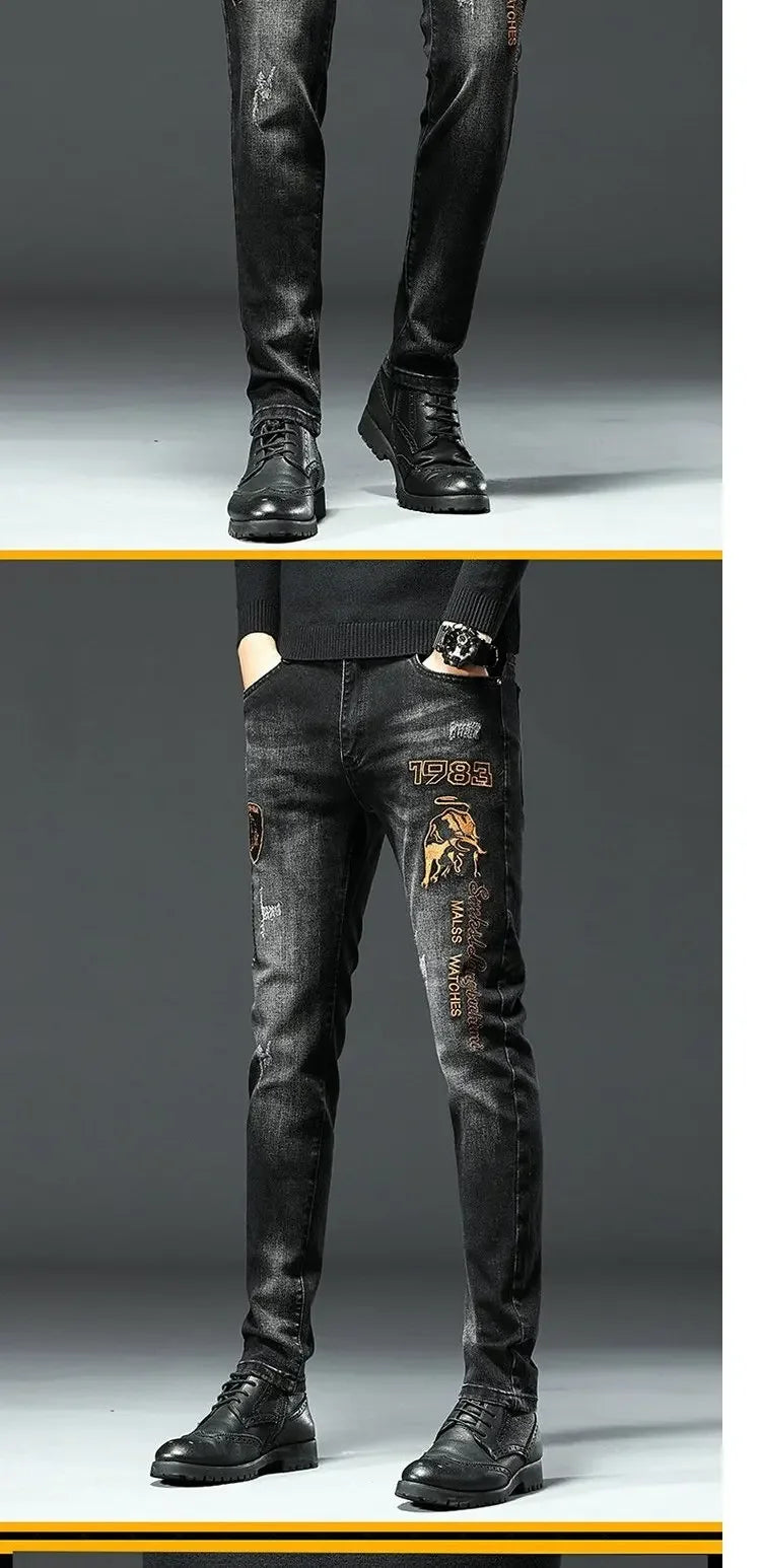 Trendy Black Embroidered Jeans For Men Casual Comfortable Slim Fit Printed Flexible Small Footwear Youth Fashion