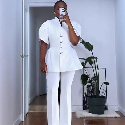 Vintage Elegant Two Piece Set Woman Matching Sets Office Lady Single-breasted Puff Sleeve Blazer Coat and Wide Leg Pant Suits