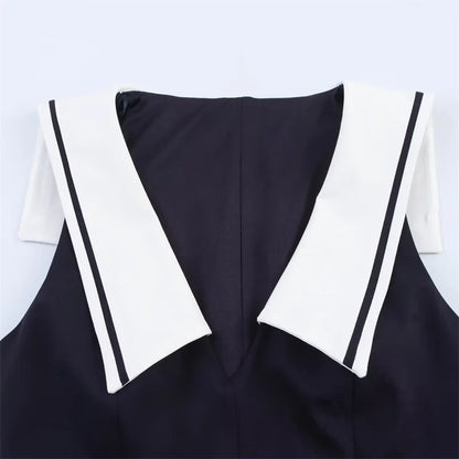 Women's Dresses New Summer 2025 Sailor Suit Style Wide Pleated Cropped Dress Fashionable Color-Blocking Sexy Cute Personality