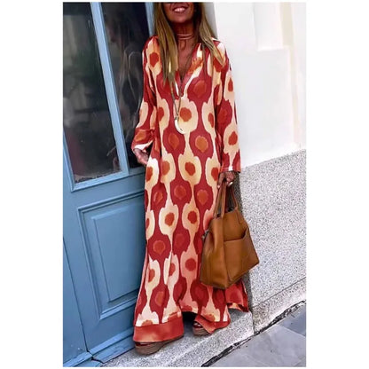 Spring Autumn Casual V Neck Long Sleeve Dress Women Fashion Geometric Printing Split Maxi Dresses Holiday Beach Boho Dress 2024