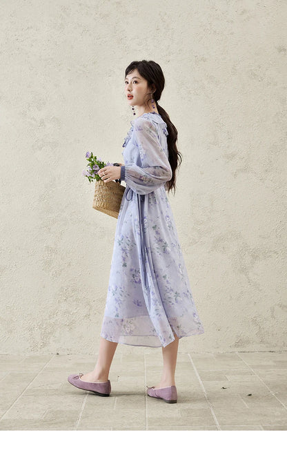 MISHOW Print Spring Summer Dress for Women New 2025 Ruffled V-neck Long Sleeve Blue French Dresses Female Fashion MXE15L2139