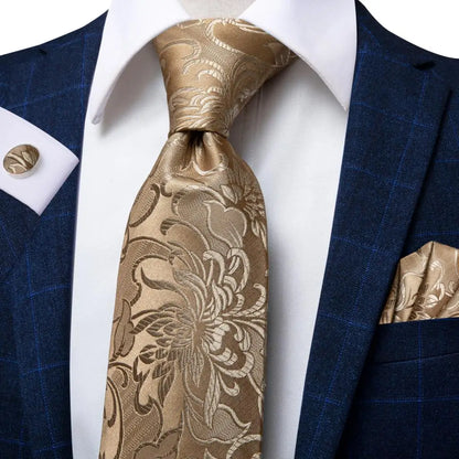 Hi-Tie Paisley Brown Tie For Men Elegant Mens Necktie Pocket Square Cufflink Groom Wedding Accessory Wholesale New Designer