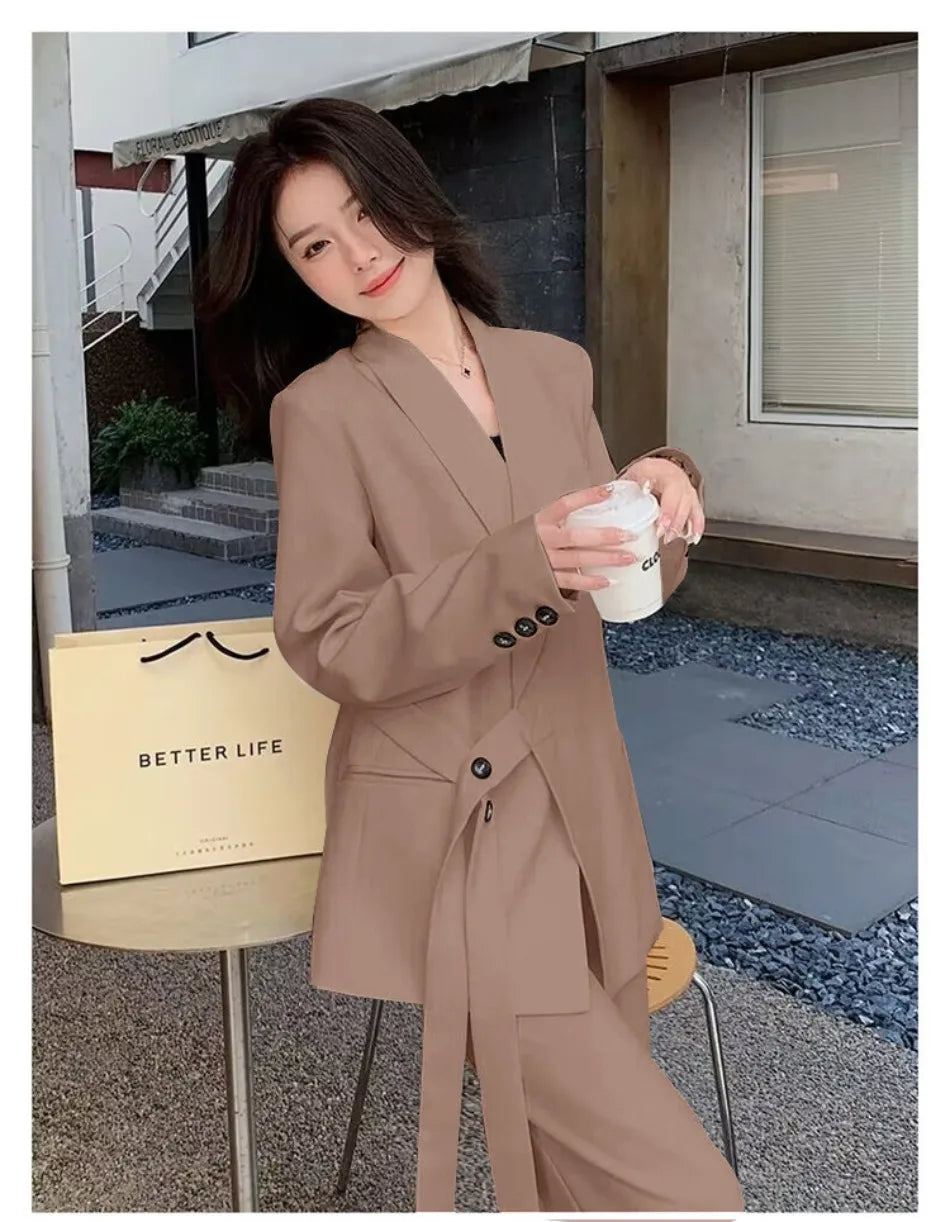 Women's Korean Fashion Long Sleeve Blazer And Wide Leg Pants Two-Piece Set Office Casual Loose Fit Spring Autumn Suits