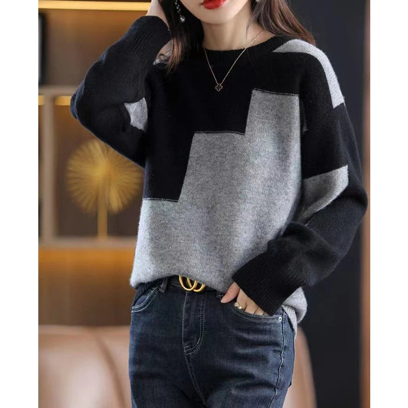 Autumn Winter Contrast Color Pullover Sweater Lady Loose Casual Fashion All-match Knitting Jumpers Ladies Oversized Bottomed Top