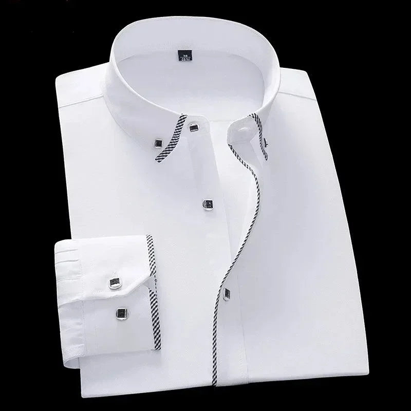 Spring and Autumn Men Dress Shirt Long Sleeve Trim Business Casual Solid Color Shirt Slim Fit White Base Layer Shirt for Male