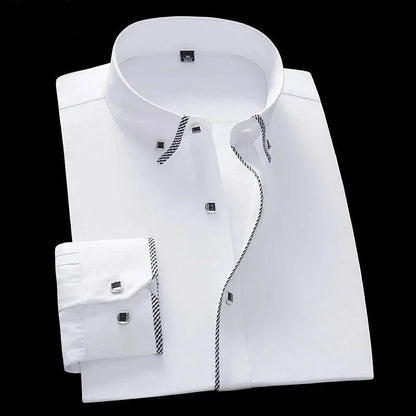 Spring and Autumn Men Dress Shirt Long Sleeve Trim Business Casual Solid Color Shirt Slim Fit White Base Layer Shirt for Male