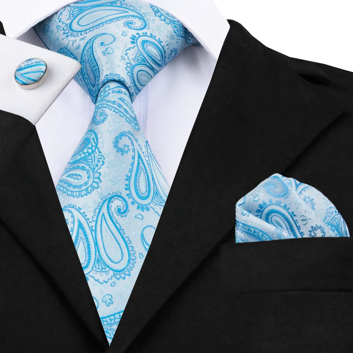 Hi-Tie Light Blue Solid Silk Wedding Nicktie For Men Hanky Cufflink Gift Men Tie Set Business Party Dropshipping Novelty Design