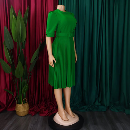 Elegant Office Pleated Dresses for Woman 2024 O Neck Buttons Belt Waisted Mid Calf Fashion Female Business Work Wear Dress Midi