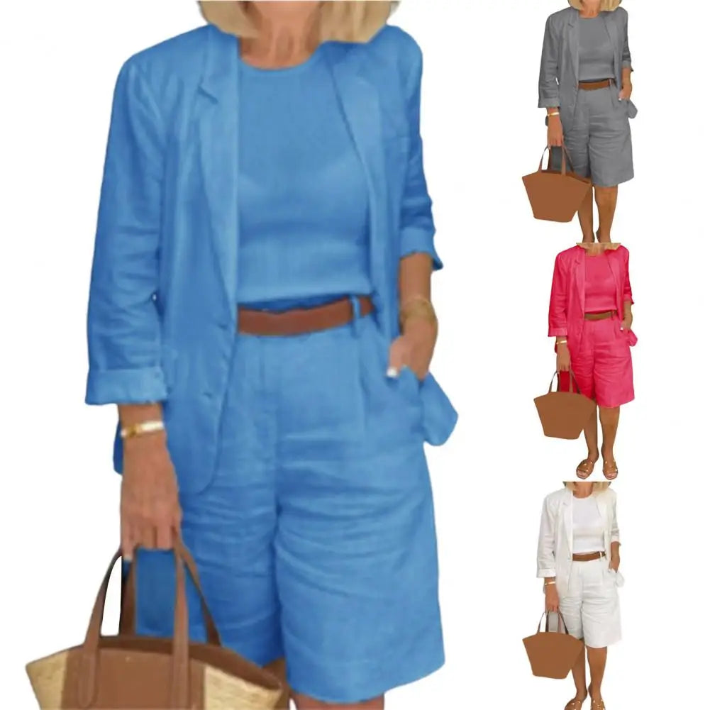 Cotton Linen Temperament Blazer Shorts Women's Blazer Suit 2 Piece Set Elastic Waist Thin Female Blazer Shorts Summer Outfit