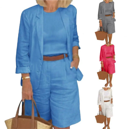 Cotton Linen Temperament Blazer Shorts Women's Blazer Suit 2 Piece Set Elastic Waist Thin Female Blazer Shorts Summer Outfit