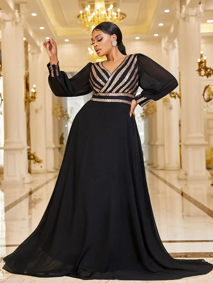 Plus Size V Neck Stripe Sequined Chiffon Dress 5XL 6XL Big Size Black Maxi Long Sleeve Spring Gold Stripe Luxury Evening Dresses