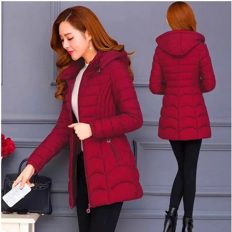 2024Fashion Middle Age Mother Slim Down Cotton Hooded Jacket Plus Size Casual Solid WarmThick Outwear Parka Winter Coat Women