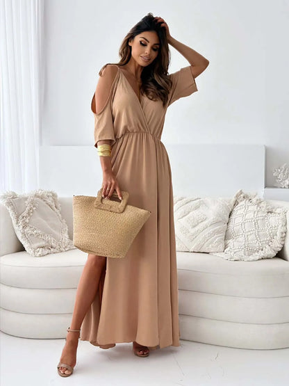 Spring New Women Dress Short Sleeve Elegant Sexy Deep V-neck Hollow Out Solid Color Slit Hem Slim Dresses 2025 Vestidos For Lady