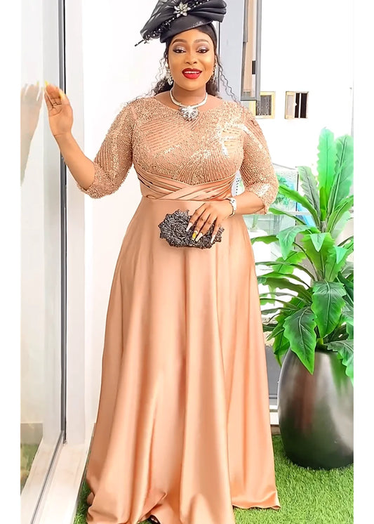 Plus Size African Party Dresses for Women 2025 New Fashion Dashiki Ankara Sequin Wedding Gowns Elegant Turkey Muslim Maxi Dress