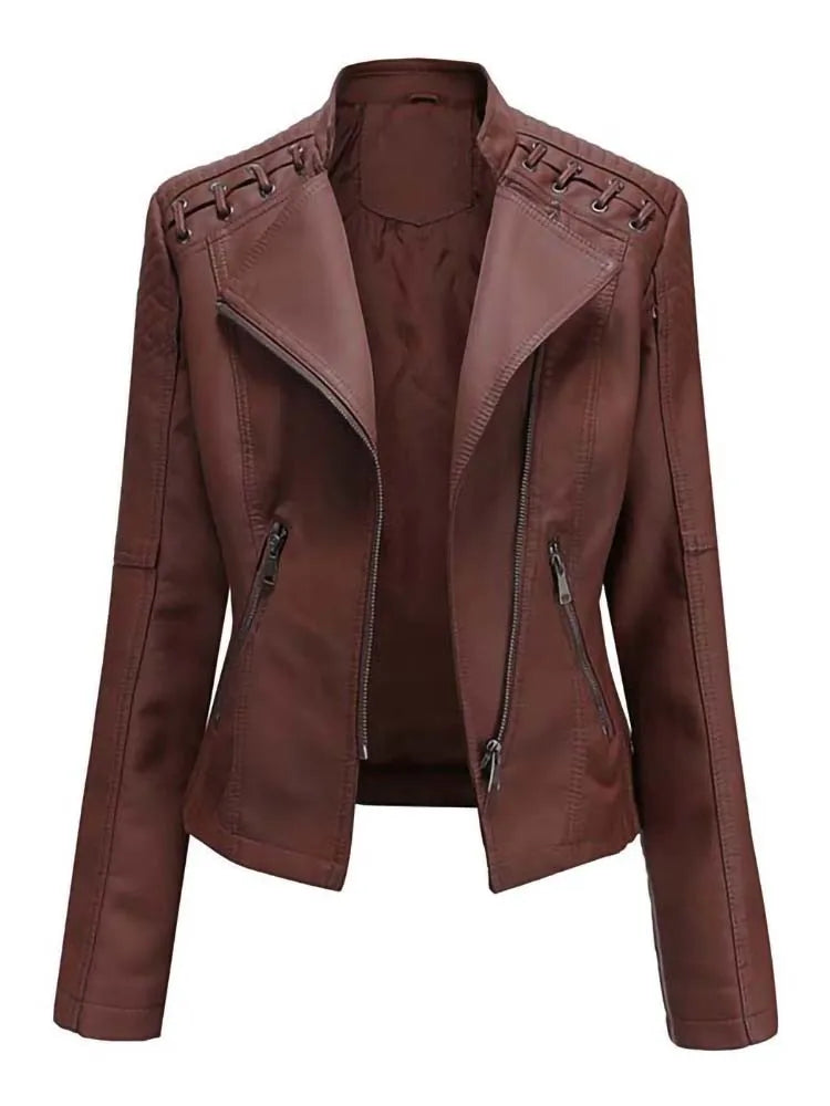 Women's Faux Leather Jackets Autumn Winter Long Sleeve Zipper Slim Motorcycle Biker Leather Coat Loose Fashion Outwear Tops