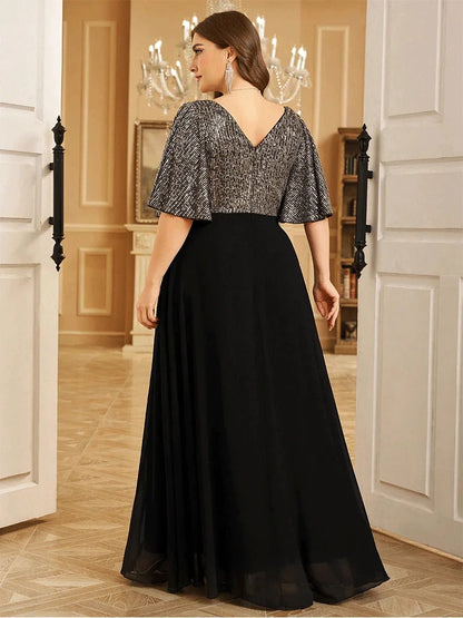 Plus Size V-neck Short Sleeve Black and Silver Sequined Mesh Floor-length Evening Dress 4XL 5XL Big Size Shiny Evening Dress