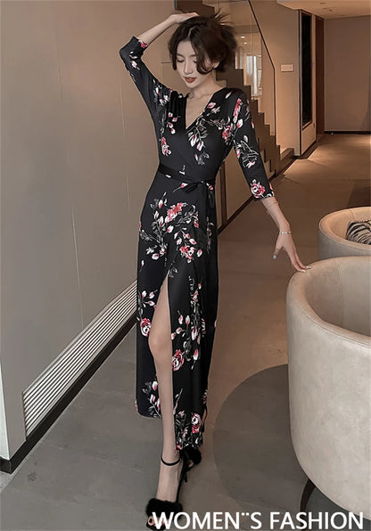 FANIECES Summer Wrap Dresses Women Sexy V Neck Split Maxi Dress Print Female Casual Beachwear Lace Up Party Vestidos Robe платье