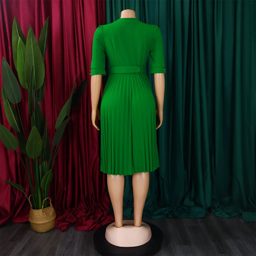 Elegant Office Pleated Dresses for Woman 2024 O Neck Buttons Belt Waisted Mid Calf Fashion Female Business Work Wear Dress Midi