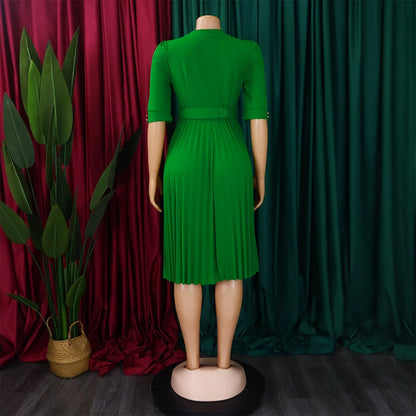 Elegant Office Pleated Dresses for Woman 2024 O Neck Buttons Belt Waisted Mid Calf Fashion Female Business Work Wear Dress Midi