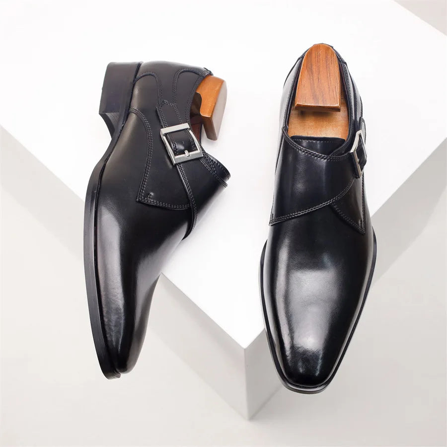 Newest Men's Cow Leather Shoes Buckle Pointed Dress Shoes Men Classic Business Formal Social Office Party Wedding Shoes