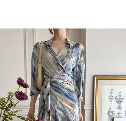 Spring Autumn New Fashion Dress Sets Women Turn-down Collar Long Sleeve Button Printing Shirt Lacing Mid-length A-line Skirt